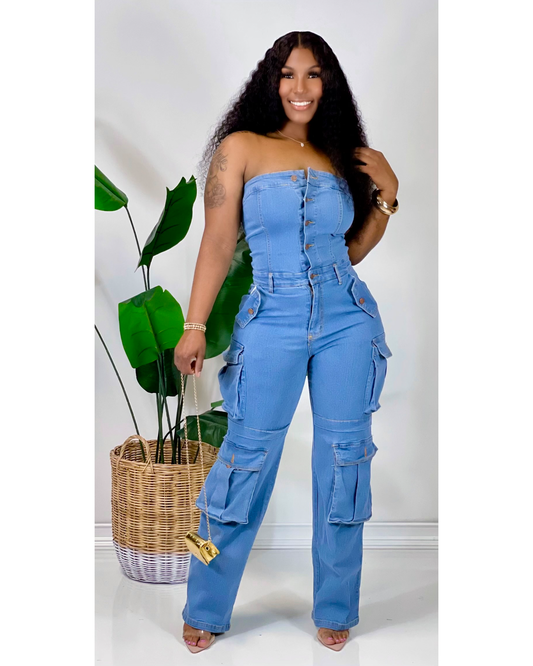 Denim Cargo Pocket Jumpsuit